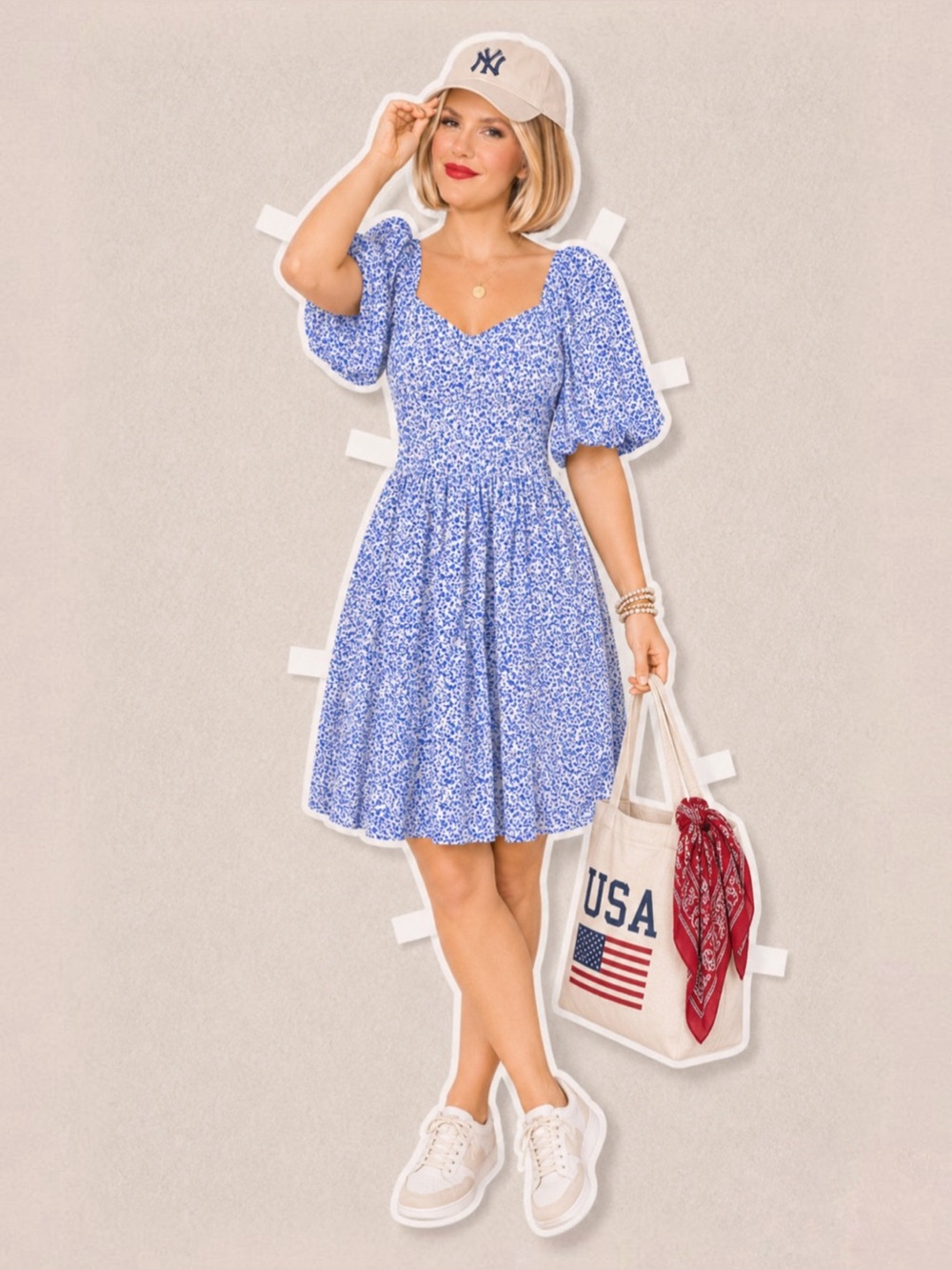 Mika Rose blue Americana floral knee length dress. Size M.
